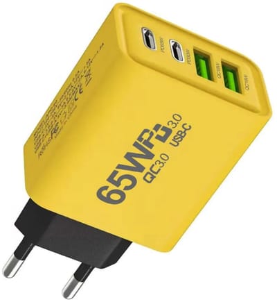 Gmedia 65W Snellader – 4 Poorts USB Adapter – 2x USB-C PD & 2x USB-A QC 3.0 – Fast Charge Oplader – Geel