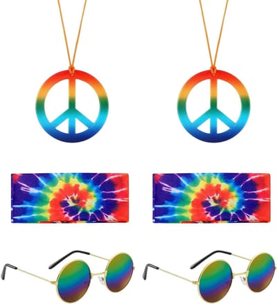 6-delige Hippie Kostuum Set met Zonnebloem Hoofdband, Vredesteken Ketting en Ronde Zonnebril voor Retro Themafeesten en Halloween Kostuums