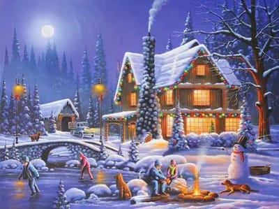 Diamond painting kerst sneeuw sneeuwpop nacht winterhuis 30x40cm vierkante steentjes