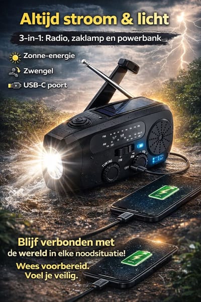 Draagbare noodradio - Powerbank 2000 mAh - Zaklamp - Solar opwindbaar - USB kabel - Noodpakket - Kunststof - zwart
