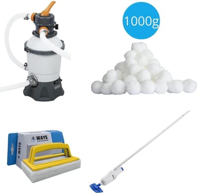 WAYS - Zwembad Onderhoud - Filterpomp 3028 L/u & 12 Filters Type II & WAYS Scrubborstel