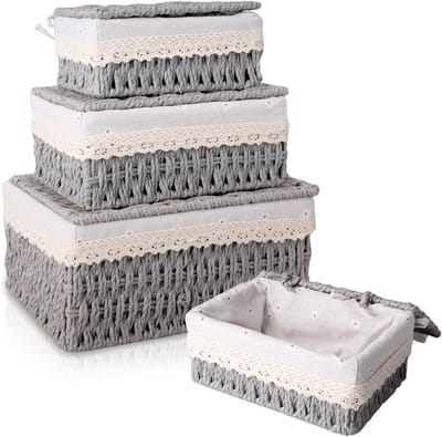 Manden met deksel, 3 stuks opbergmanden, gevlochten decoratieve manden, gevlochten mand voor kantoor, badkamer, slaapkamer (grijs)