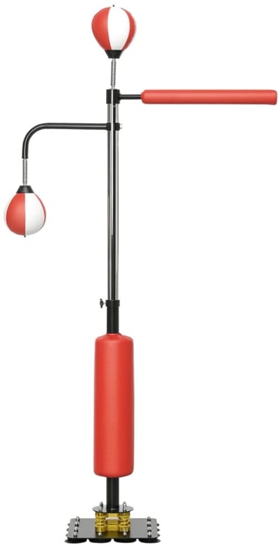Boksstandaard - 2 Speedballen, Draaibare Boksstang, Trapkussens - in Hoogte Verstelbaar - Reflextrainer - Reflexstang - Boksbal Staand - Bokszak - Bokspaal - Boxing - Staal - 107x36x140-205 cm - Rood
