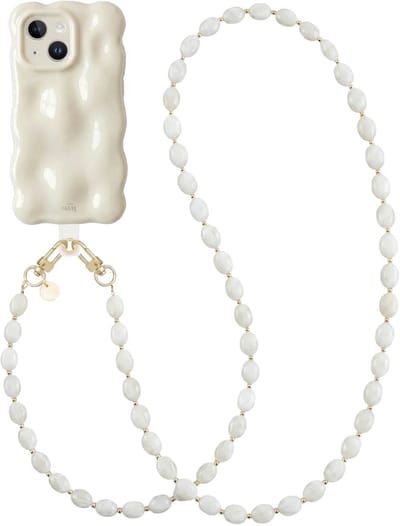 xoxo Wildhearts Bubbly case Cloud Dancer - Ocean Sand Cord (lang) - Geschikt voor iPhone 15 Plus - Hoesje met bobbeltjes inclusief telefoonkoord - Krullende golfvorm - schokbestendig - Telefoonhoesje met koord - Koord ook afneembaar - Beige
