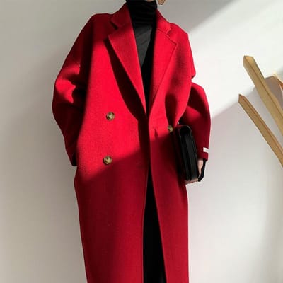 Dubbelzijdig Wollen Jas voor Dames, Middellang, Herfst en Winter Nieuwe Stijl, Koreaanse Versie, Hepburn Stijl, Modieuze Cocoon-vormige Wollen Jas M red