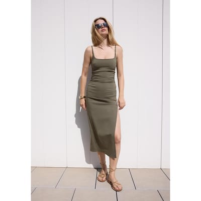 Stradivarius Midi-jurk van Bengaline met vierkante halslijn  Kaki XS