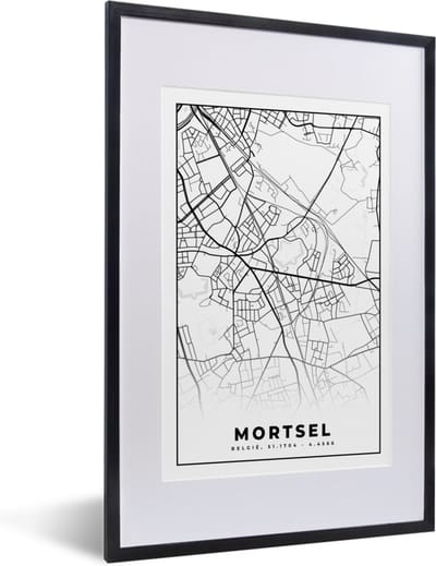 Fotolijst incl. Poster Zwart Wit- Zwart Wit – België – Plattegrond – Stadskaart – Kaart – Mortsel - 40x60 cm - Posterlijst
