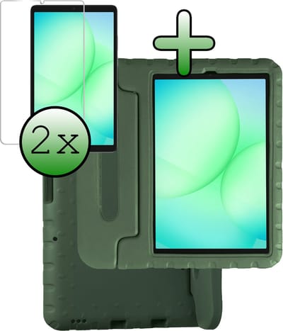 Hoesje Geschikt voor Samsung Galaxy Tab A11 - Met 2x Screenprotector - Kinderhoes Shockproof Bumper - Kidsproof Case - Tablet Hoes - Kinder Hoes Cover - Donkergroen