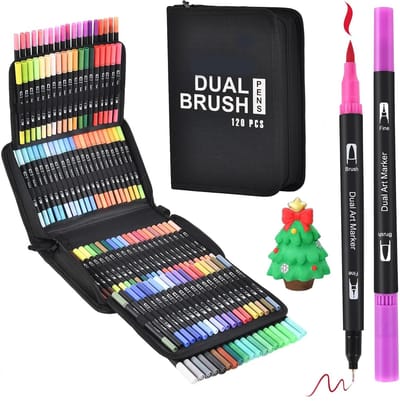 KZQ 120 kleuren dubbele stift markers - Fijne punt en penseelpunt - Kunstmarkers voor volwassenen en studenten - Geschikt voor kleurboeken en tekenen - Complete set voor creatief werk