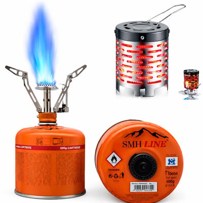 SMH LINE® Mini Camping kooktoestel - Gaskachel - 2in1 - 3200W - Noodpakket - Opvouwbaar - Incl. 4x 500g Gasflessen en Verwarming opzetstuk