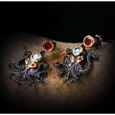 Boucles d'oreilles en cuivre plaqué or avec motif poulpe noir et pistolet, accessoires de beauté tendance black