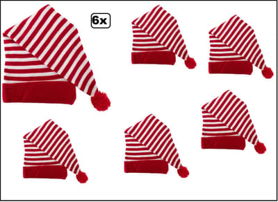 6x Lange Slaapmuts rood/wit - Themafeest fun carnaval optocht slaapfeest festival thema feest verjaardag fun