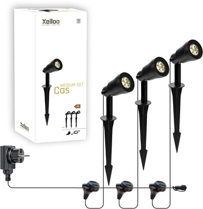 Xelloo® Cas Medium Tuinverlichting set van 3 Stuks - 8 meter - Warm Wit Licht - 12V LED Grondspots voor buiten met Stekker - IP65 Waterbestendig - Tuin Verlichting op Stroom 12 Volt - Inclusief trafo, kabel en schuifaansluiting - Buitenverlichting