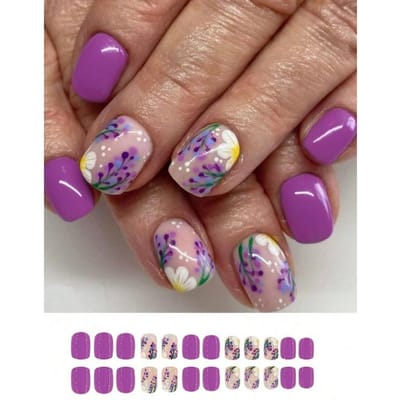 24 Stuks Korte Vierkante Nagels, Creatieve Paarse Bloemen en Planten Kunstnagels Leuke Kunstnagels, Om Door Meisjes Gedragen Te Worden, Druk Op De Nagels, Nagelbenodigdheden brown
