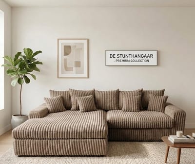 Hoekbank Jmb- Taupe- ultra dikke ribstof- Lounge Links- hoeksalon Taupe Links