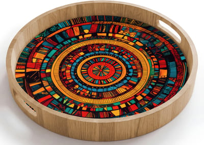 Dienblad rond 40x40 cm - Schootdienblad hout - Mandala - Cirkels - Patronen - Borrelplank rechthoek - Plateau houten dienbladen