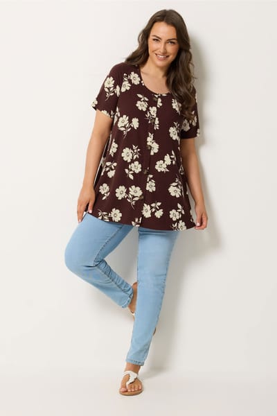 Yours Bruine Geribbelde Swingtop Met Bloemenprint En Knoopsluiting Aan De Voorkant Size 42