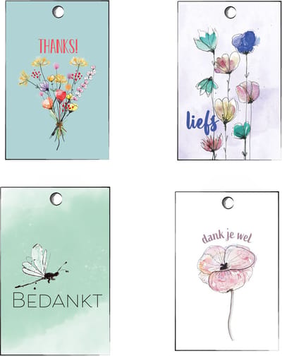 Cadeaukaartjes set 20 stuks – Cadeaulabels met gaatje – 4 ontwerpen – 5,5 x 8,5 cm – mini kaartjes