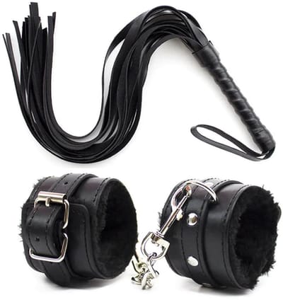 Handboeien en Zweep Set Zwart Leer - Gevoerde Polsboeien met Flogger - BDSM Starter Kit - Bondage Accessoires Set - One Size - Fetish Set - La Nuita