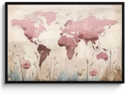 Poster in lijst - Fotolijst 120x80 cm - Posters - Wereldkaart - Roze - Bloemen - Posterlijst zwart - Decoratie - Wanddecoratie woonkamer - Muurdecoratie slaapkamer