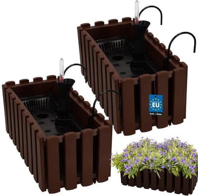 KOTARBAU® 2 st Balkonbak, Bloembak voor Balkon, Kunststof, 38 x 18 x 16 cm, Bruin, Balkonbak met Houder, Zelfbewaterend Systeem, Balkon Plantenbak, Weerbestendige Plantenbak