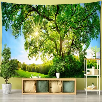 Tapisserie murale à suspendre représentant une forêt d'arbres imposants, paysage naturel, sorcellerie psychédélique, style bohème, décoration d'intérieur 320x182cm