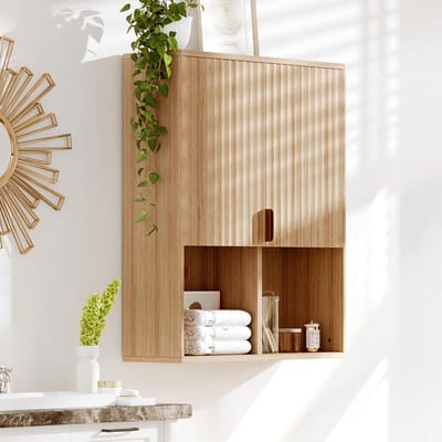 Wandkast met groeven – met verstelbare planken en aluminium handgreep – badkameropbergkast van natuurlijk hout voor boven het toilet – keukenkastje voor de woonkamer, wasruimte of kantoor – 75×60×20 cm – houtkleur