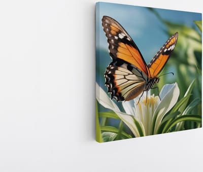 Saammp Canvas Schilderij -Vlinder op witte bloem - Dieren - 20x20 - Foto op canvas - Wanddecoratie - muurdecoratie Woonkamer - Slaapkamer decoratie - Canvas Print