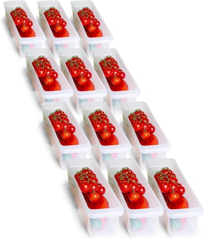 Novaliv 12x koelkastorganizer 30,5 x 7,5 x 8 cm BPA-vrij Opbergsysteem Gemaakt in Duitsland Gemakkelijk schoon te maken Voedselveilige opbergruimte voor keuken, huishouden, vaatwasserbestendig Opbergsysteem voor koelkast