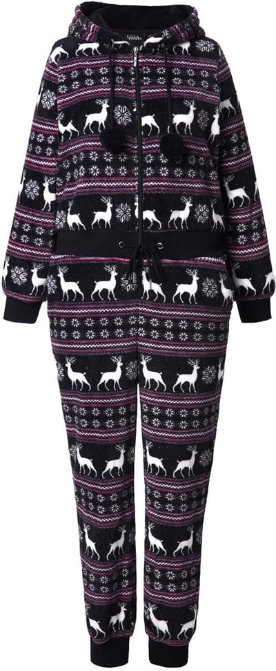 Ulla Popken - Dames - Homewear overall pluche Noors patroon lange mouwen - Zwart - Maat 46+