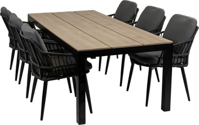 7-delige tuinset | 6 Isabel tuinstoelen (Black) | 225cm Cyprus tuintafel (Wood)