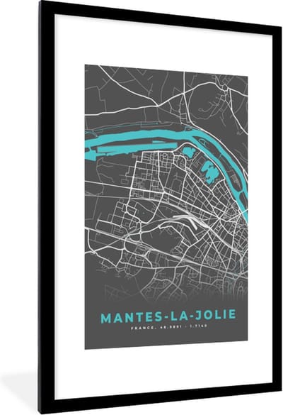 Fotolijst incl. Poster - Mantes-la-Jolie - Frankrijk - Stadskaart - Kaart - Plattegrond - 80x120 cm - Posterlijst