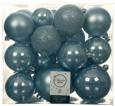 Decoris Kerstballen - 26x st - lichtblauw - 6-8-10 cm - kunststof - kerstversiering