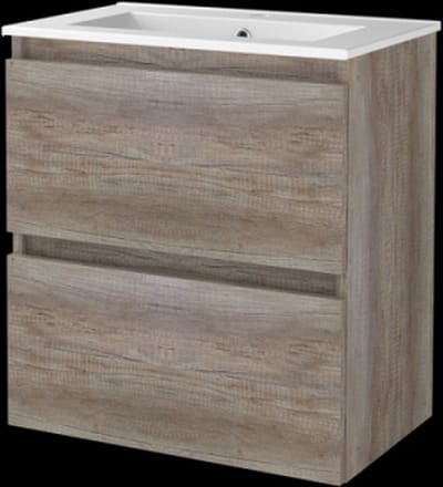 Basic Start 39 badmeubelset met greeploze wastafelonderkast met 2 lades en porseleinen wastafel met 1 kraangat 60 x 39 cm, scotch oak