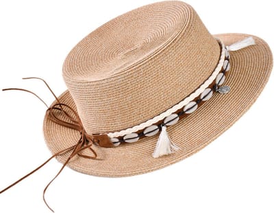 Decopatent - Zonnehoed Dames Rond - Schelpen en Bedels Zomerhoed - Strohoed UV - Ø58 cm - Strandhoed Hoofddeksel Rond - Hoed voor Volwassenen - Kleur: Naturel