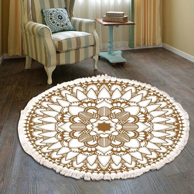 Dailygoods- Tapijt Mandala patroon - Wasbaar - Rond - 80 cm - Katoen/Polyester - Handgeweven met kwasten - Vloerkleed
