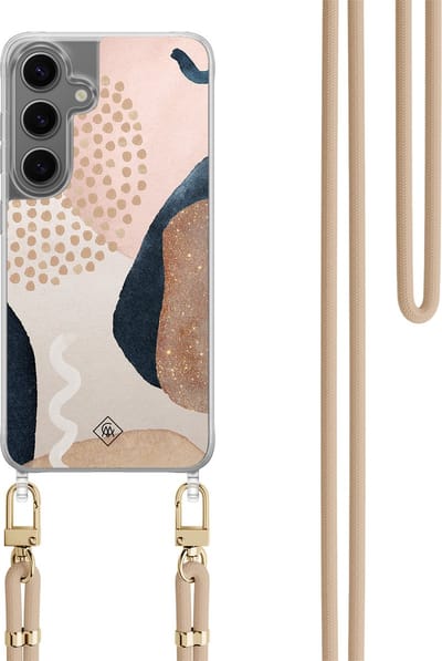 Casimoda® hoesje met koord - Geschikt voor Samsung S24 - Abstract Dots - Afneembaar koord - TPU/polycarbonaat - Bruin/beige