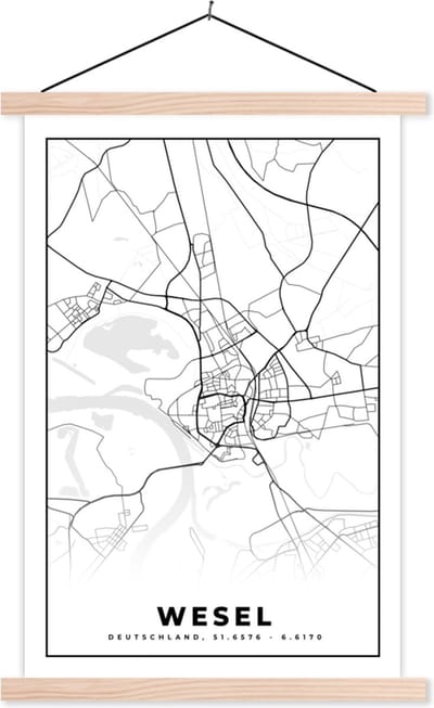 Posterhanger incl. Poster 40x60 cm - Schoolplaat - Plattegrond - Wesel - Kaart - Stadskaart - Textielposter - Blanke latten - Stadskaart