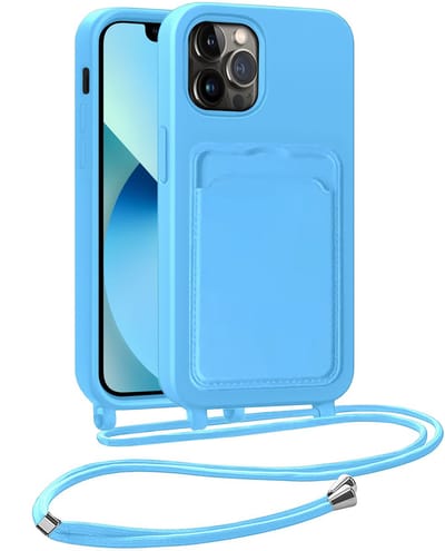Hoesje Geschikt voor iPhone 13 Pro Hoesje Met Telefoonkoord en Pasjeshouder Siliconen - Hoes Geschikt voor iPhone 13 Pro Hoesje Met Kaarthouder Case - Lichtblauw