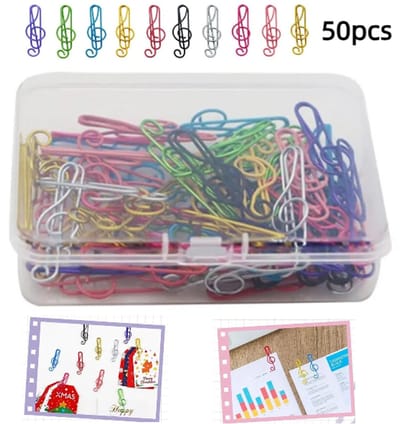 Doos met 50 paperclips - Gekleurde paperclips in de vorm van muzieknoten - Schoolboekenleggers - Mappen - Paperclips - Paperclips in de vorm van muzieknoten - Kleurrijk -Geschikt als bureauboekenlegger, voor op kantoor, op school en in notitieboekjes