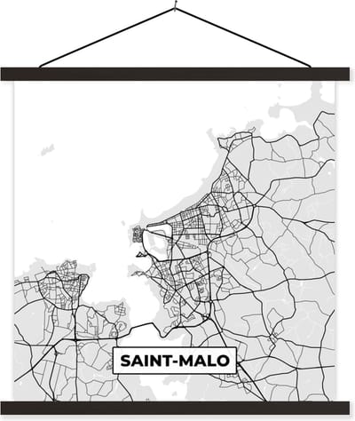Posterhanger incl. Poster 60x60 cm - Schoolplaat - Frankrijk – Plattegrond – Kaart – Saint-Malo – Stadskaart - Textielposter - Zwarte latten - Stadskaart