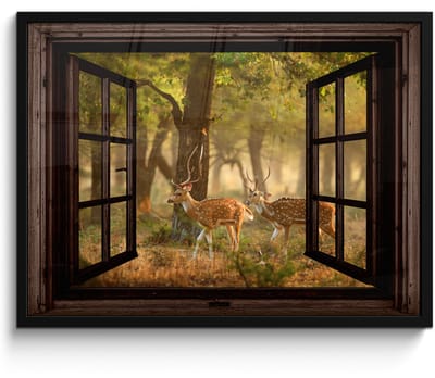 Poster in lijst - Fotolijst 70x50 cm - Posters - Herten - Bos - Herfst - Bosdieren - Natuur - Hert - Doorkijk - Posterlijst zwart - Decoratie - Wanddecoratie woonkamer - Muurdecoratie slaapkamer