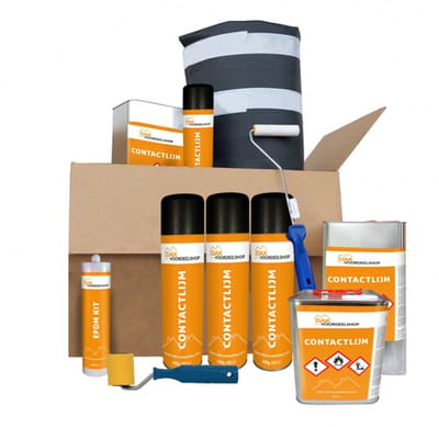 Dakvoordeelshop EPDM Dakpakket compleet 1,14mm dik - 6.10 meter breed - 4 meter lang - incl. EPDM kit, contactlijm, verfrol 10 cm, verfrolbeugel en aandrukroller