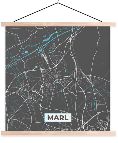 Posterhanger incl. Poster 40x40 cm - Schoolplaat - Blauw – Duitsland – Plattegrond – Stadskaart – Kaart – Marl - Textielposter - Blanke latten - Stadskaart