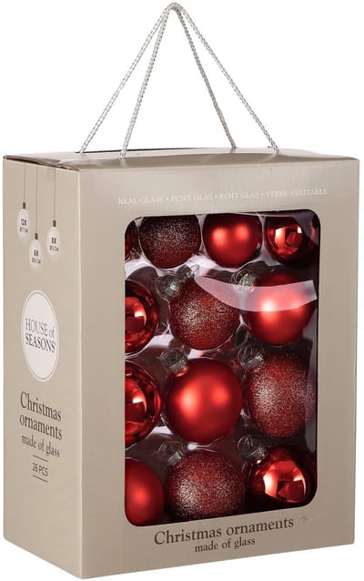 Mica Decorations Kerstballen - Set van 26 Stuks - Rode Kerstversiering met Glans en Glitter - Piek voor de Kerstboom - Glazen Kerstboomballen met Diameter Ø7 cm - Rood
