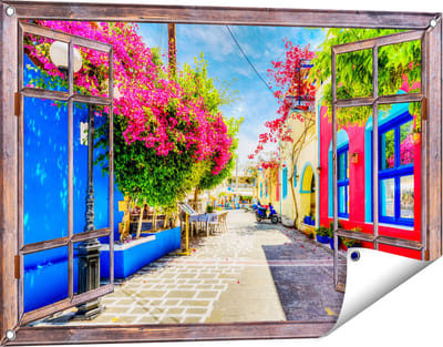 Gards Tuinposter Doorkijk Kleurrijke Straat op het Eiland Kos, Griekenland - 90x60 cm - Tuindoek - Tuindecoratie - Wanddecoratie buiten - Tuinschilderij