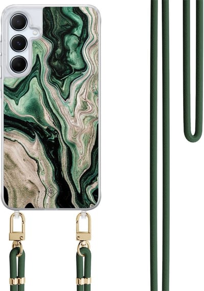 Casimoda® hoesje met koord - Geschikt voor Samsung A35 - Groen marmer / Marble - Afneembaar koord - TPU/polycarbonaat - Groen