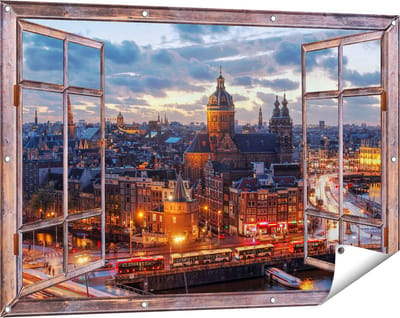 Gards Tuinposter Doorkijk Amsterdam Centrum Luchtfoto Zonsondergang - 120x80 cm - Tuindoek - Tuindecoratie - Wanddecoratie buiten - Tuinschilderij
