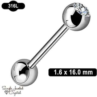 Tongpiercing 1.6 x 16 mm – 316L Chirurgisch Staal – Helder Crystal Steentje – Barbell Piercing