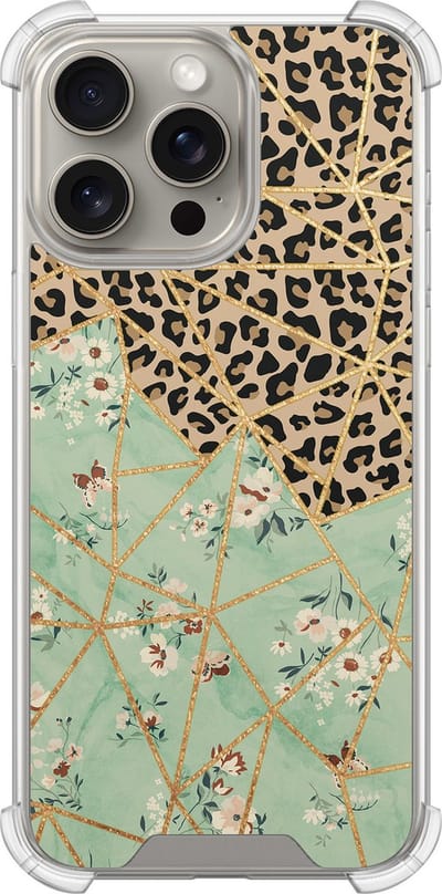Shockproof hoesje - Geschikt voor iPhone 15 Pro Max - Luipaard bloemen print - Extra sterke case - TPU/polycarbonaat - Print / Illustratie - Bruin, Transparant